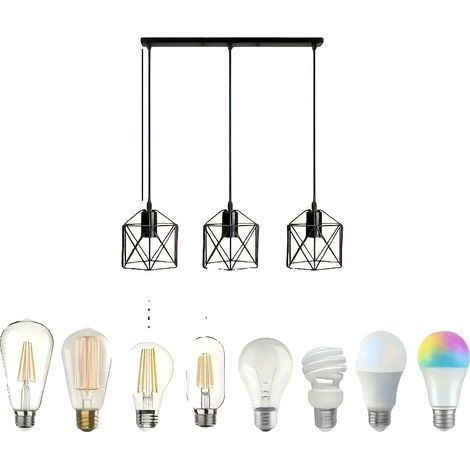 Lámpara colgante, diseño geométrico, tres luces, color negro. (1/2)