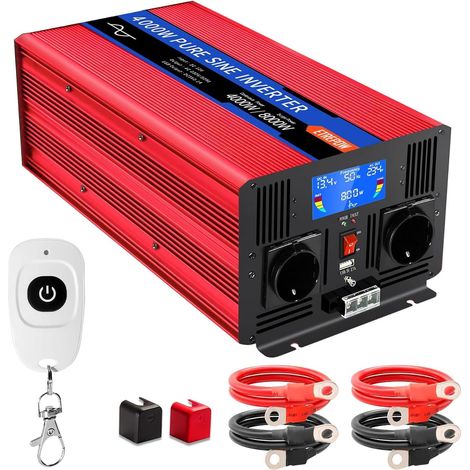 4000W convertisseur 12v 220v Pur Sinus transformateur 2 Prises EU AC et USB, télécommande sans Fil et écran LCD Onduleur pour Les systèmes Solaire, Voiture, Camping, Voyage (1/5)