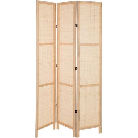Paravent en bois et bambou naturel ambiance chaleureuse - bois naturel et cannage beige (1/5)