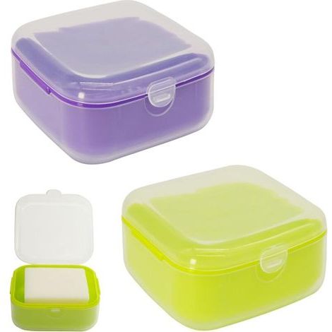 Set mit 2 kleinen Reiseseifenboxen mit Deckel, tragbare Seifenboxen fürs Badezimmer (grün, lila) (1/4)