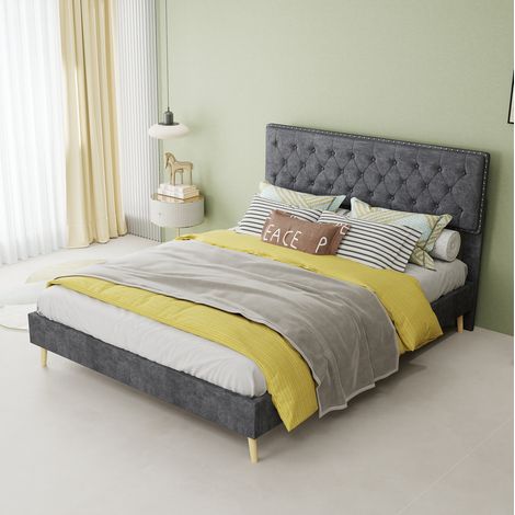 Lit coffre 140 x 200 cm moderne en tissu gris avec tête de lit haute et rangement (1/5)