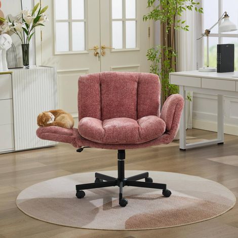Silla de oficina giratoria rosa de chenilla con altura regulable y reposabrazos abatibles (1/5)