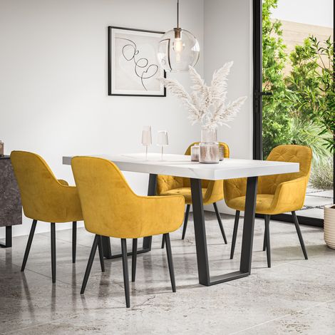 Aria Dining Table And Chairs - White Marble Effect Table Top w Black Legs + Anika Velvet Dining Chair Set Of 4 (Mustard) (1/5)