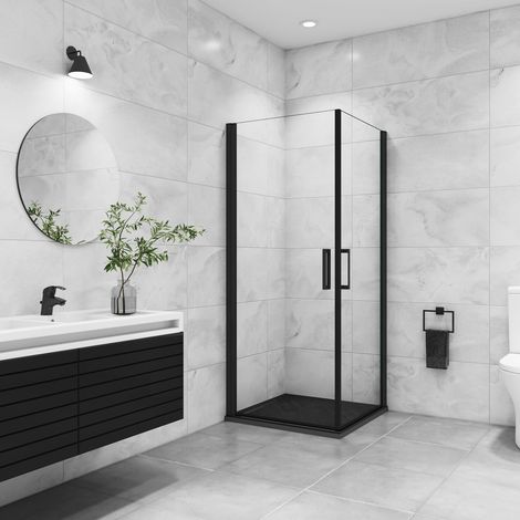 Cabine de douche ouverture battante 90x90x200cm profilé en noir mat (1/5)