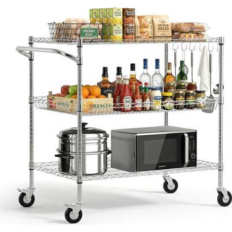 Chariot de Rangement Multifonctionel, Desserte à roulettes 3 Niveaux 101,6x63,5x104 cm, pour Salon Garage Laboratoire Buanderie, Chariot de Cuisine en Fil Métallique Réglable avec Poignée (1/5)