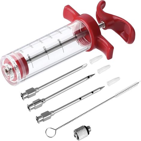 Jeringas para carne - 3 jeringas para marinar a la barbacoa, kit portátil prémium para pavo y ahumador, jeringas para marinar carne, gran capacidad de 30 ml, incluye 1 cepillo, fáciles de usar y limpi