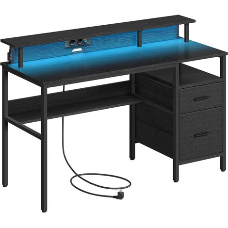 Bureau gaming avec lumières led et multiprise 55 x 135 x 90 cm bureau informatique avec support d'écran table avec rangement 2 tiroirs 2 ports usb pour bureau noir