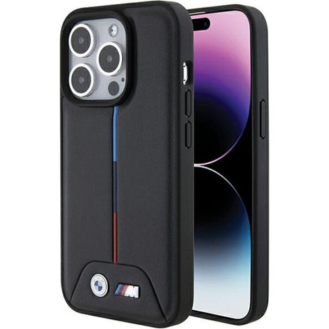 Coque BMW matelassée tricolore pour iPhone 15 Pro (noire) (1/5)