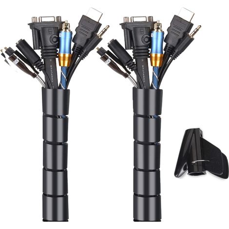 Cache Cable 2 Pack, Flexible Range Câble  2x2M PE Câble Rangement Organisateur de Câble pour Ranger ou Cacher les câbles, Gaine pour câbles(2.2cm Ø et 2.8cmØ),Noir