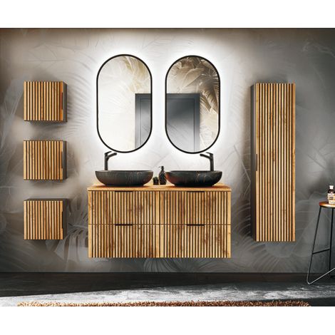 Azura Home Design – Ensemble de meubles de salle de bain avec double vasque céramique – Largeur 120 cm – Finition bois Wotan – Miroirs LED Apollo (1/3)