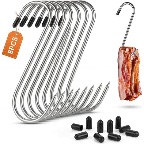 Lot de 8 crochets de boucher à suspendre, charge de 50 kg à 5 mm x 18 cm, crochets à viande en forme de S en acier inoxydable, crochets métalliques en forme de S, pour boucher, barbecue, griller (1/5)