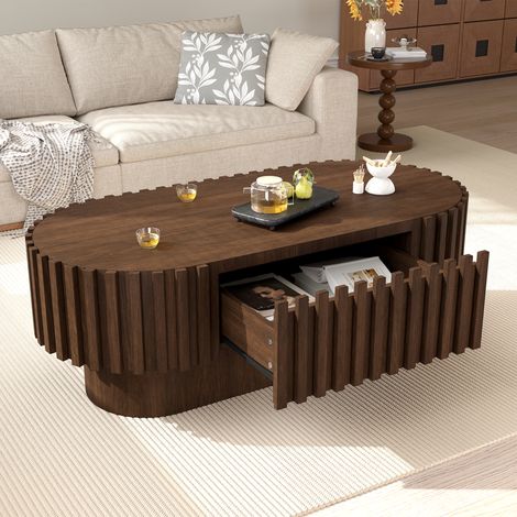 Table basse ovale 100x50x35.5 cm avec tiroirs, ornée d'un motif décoratif en treillis vertical et d'une finition noyer (1/5)