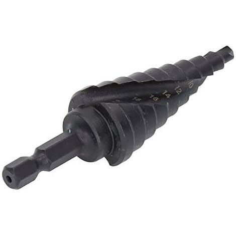 Set di punte a gradini Milwaukee per metallo e acciaio. Punta a gradini HSS con scanalatura elicoidale. Foro a pagoda. Attacco esagonale. Colore nero. 10 gradini (4-22 mm) (1/5)