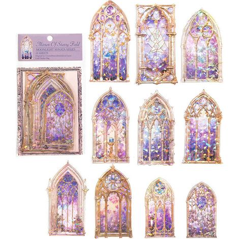 10 stickers holographiques 3D autocollants en PET, teintes éclatantes, motif effet vitrail, application simple et décoratifs, pour agendas et carnets (violet). (1/5)