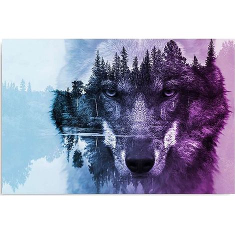 Tableau loup sur fond de forêt pourpre - 50 x 40 cm (1/5)