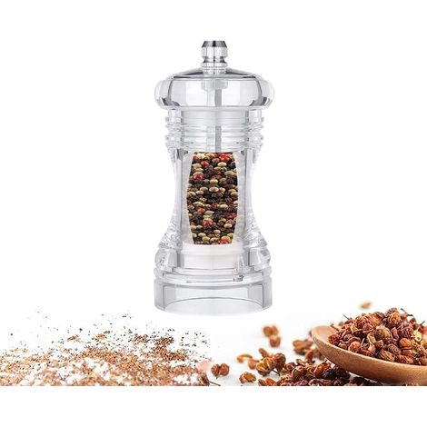 Macina Sale e Pepe Manuale In Acrilico Trasparente da 10 cm con Smerigliatrice in Ceramica - Impostazione finezza regolabile per Pepe, Sale, Spezie, E (1/5)