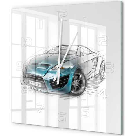 Grande Horloge Murale Carrée à Quartz en Verre Trempé Silencieuse Sans Tic-Tac Croquis de voiture 60x60 cm (1/5)