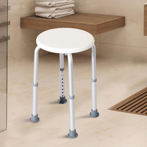Sgabello da doccia regolabile in altezza, sedile ergonomico per doccia, piedini antiscivolo, portata massima 136 kg, alluminio, HDPE, bianco