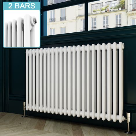 ELEGANT Traditional Column Radiator Horizontal White Double Bar Heater Central Heating + Chrome Thermostatic Radiator Valves 600 x 1010mm (1/5)