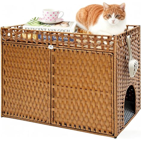 Cat Litter House Extra Large Cat Litter House with Soft Mat and Fence, Comfortable Hand-Woven Rattan Cat Litter House with S Shaped Hooks for Living Room Bedroom (Walnut) (1/5)