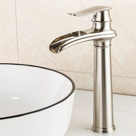 Hoher Wasserfall-Badezimmerhahn, Retro-Waschtischmischer aus gebürstetem Matt, Messing-Waschtischarmaturen, antiker Einhebel-Badezimmerhahn für Badarmatur (1/5)