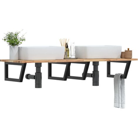Étagère murale pour vasque en acier et bois massif d’acacia, 140 x 50 cm, 4 supports - PANGIVO (1/5)