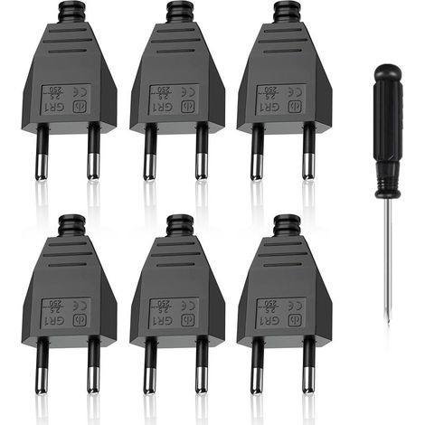Flachstecker, europäische Stecker, Euro-Flachstecker 250 V 2,5 A mit Schraubendreher, Anwendungen: Stecker für Haushaltsgeräte, 6 Stück (Schwarz) (1/5)