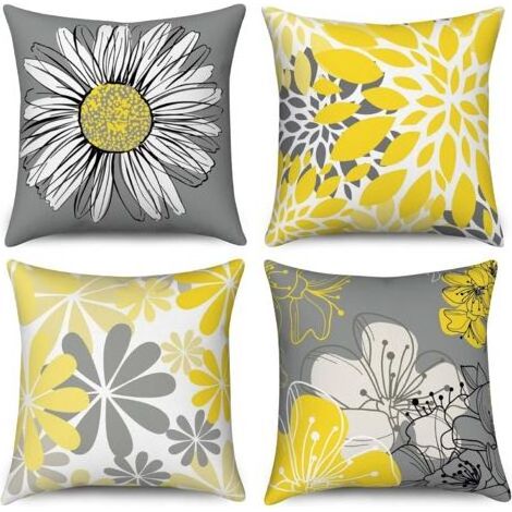 Housse de Coussin Jaune 45x45 Set de 4, Jaune et Gris Fleurs décoratives taies d'oreiller Moderne Marguerite Ferme Boho Housse de Coussin en Lin pour canapé lit Jardin extérieur Home Decor (1/5)