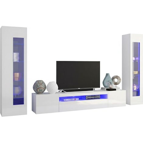 Dmora Modulares Wohnzimmer-Wandsystem, Made in Italy, TV-Ständer und Wohnwände, Modernes Wohnzimmer-Set, 300x40h162 cm, glänzende weiße Farbe