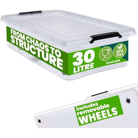 DEUBA® 30/60 Litre Plastic Rolling Storage Boxes w/Lid Stackable Clear BPA-Free  30L (de)
