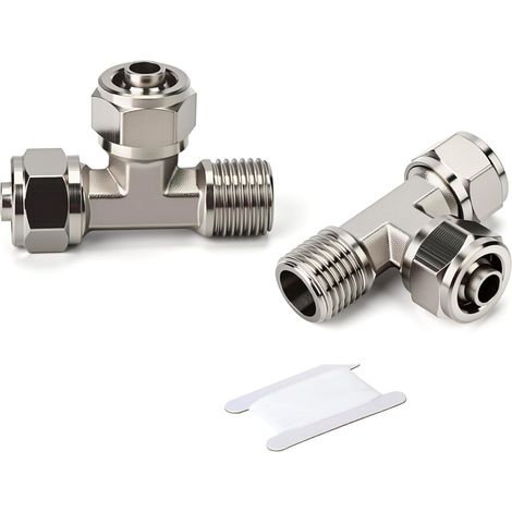 2pcs T Shape Nickel-Plated Brass Compression Connection Pneumatic Tee, 3 Way Side Male Thread Pipe Separator,1/4 BSP Male × 8mm Tube (1/5)