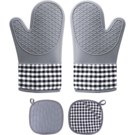 Gants de Four, Gants de Cuisine Silicone Résistant à Chaleur et Antidérapant, Maniques pour Barbecue, Cuisine(gris (2 gants + 1 silicone gris + manique à carreaux)) (1/4)