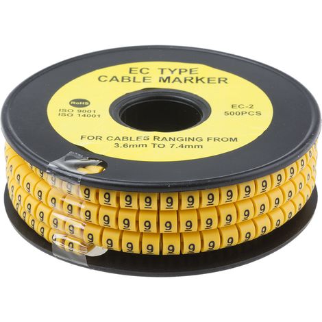 Repère câble , Ø câble 3.6  7.4mm, texte : 9, Noir sur Jaune ( Prix pour Bobine de 500 )