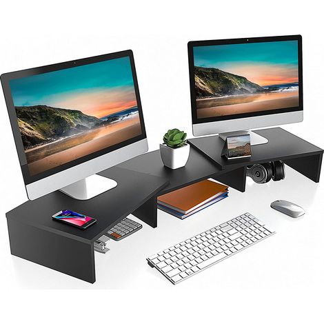 FITUEYES Dual Monitorstnder Bildschirmstnder aus Holz f¨¹r Computer TV Laptop Monitor Stand Swivel Lnge Justierbar 92,5-108x23,5x10,2 cm Schwarz DT108001WB (1/5)