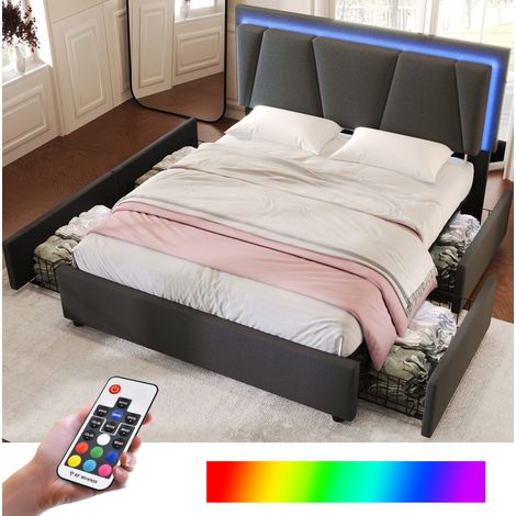 Letto imbottito moderno 140x200 cm grigio, testiera regolabile, LED e 4 cassetti, rete a doghe (1/5)
