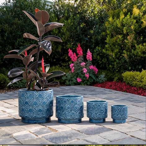 Set de 4 pots de fleurs en céramique bleu brillant Ø19-38 cm (1/5)