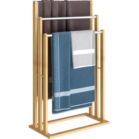 CASARIA® 3 Tier Freestanding Bamboo Towel Rack with Stainless Steel Rails 84x46x21cm Bathroom Towel Bar Stand & Clothes Drying Airer Modern Sturdy Organiser No Drilling 1x (1/5)