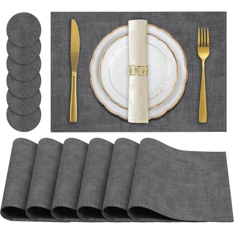 Ensemble de 6 dessous de verre en similicuir, imperméables et double face, pour protéger votre table. Gris foncé. (1/5)