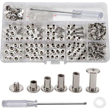 100 Set Chicago Vis Assortiment Kit, 4 Tailles Croix Ronde en Métal Vis de Reliure avec Tournevis, pour DIY, Décoration de Cuir, Réparation de Reliure, Loisirs Créatifs, M5 5/8/10/12 mm, Argent (1/5)