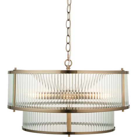 Endon Ridgeton Suspension cylindrique en laiton antique et verre transparent strié, 5 ampoules E14