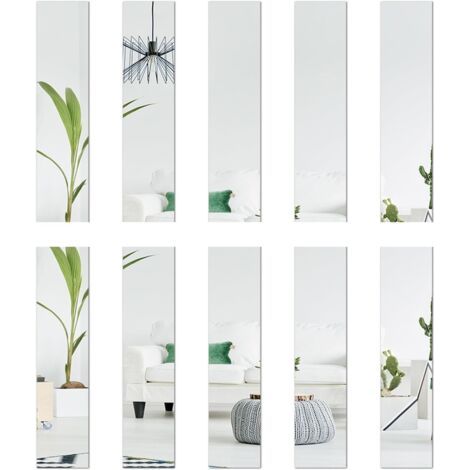Lot de 10 miroirs en verre - 5 x 20 cm chacun - Carreaux de miroir - Décoration murale - Autocollants rectangulaires - Effet 3D - Miroir mural autocollant - Bricolage sans cadre - Argenté (1/5)