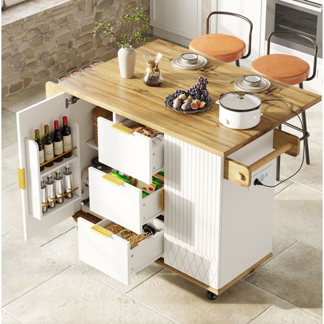 Meuble rangement cuisine roulant avec prise blanc OKMYHOME (1/5)