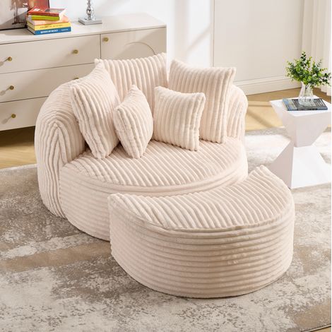 Poltrona relax rotonda 168x123x63 cm in tessuto beige con poggiapiedi e 5 cuscini - MEUBLIV (1/5)