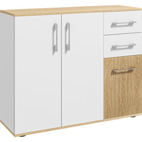 Buffet Elvoria rangement design contemporain bicolore blanc et bois clair pour salon chambre cuisine bureau