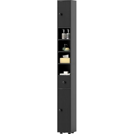 Colonne de rangement armoire haute pour salle de bain 1 tiroir 4 étagères réglables et 2 placards 20 x 20 x 180 cm noir