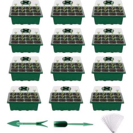 12 Pack Seed Pots with Lids 144 Cells Mini Greenhouse Thickened PET, Adjustable Vents, Drainage Holes, Tools Included, for Indoor Greenhouse Seeding and Germination (1/5)