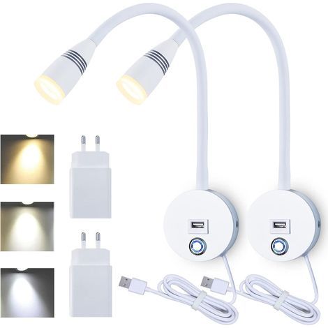 Liseuse Murale Flexible avec USB, Dimmable Liseuse de Chevet, Applique Murale Intérieure avec Interrupteur, Lampe Murale Chambre Commande tactile, 3W Blanc 2 Pack (1/5)
