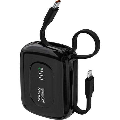 K32 10000 mAh Powerbank mit integriertem USB-C-Lightning-Kabel für iPhones, 22,5 W – Schwarz (1/5)