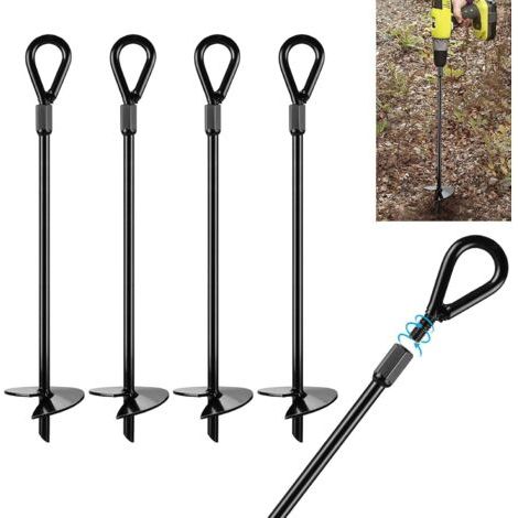 Ancres au Sol, kit d'ancrage au Sol de 4 piquets mesurant 38cm de Long et 1.3cm d’épaisseur, ancrages au Sol très résistants, Parfaits pour tentes, auvents, abris, Trampolines et balançoires