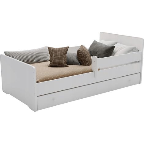 Lit enfant Max 80x160 blanc avec tiroir, barrière, matelas et sommier, pour chambre d'enfant (1/4)